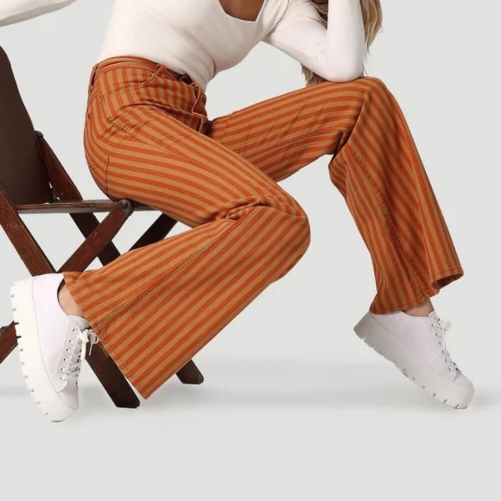 Wrangler Wanderer 622 High Rise Flare Jeans Goldie Orange Brown Stripe